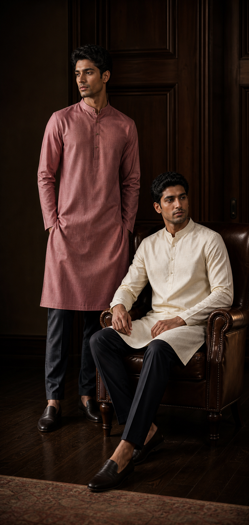 Two men wearing refined rose and ivory kurtas in a warm wood interior