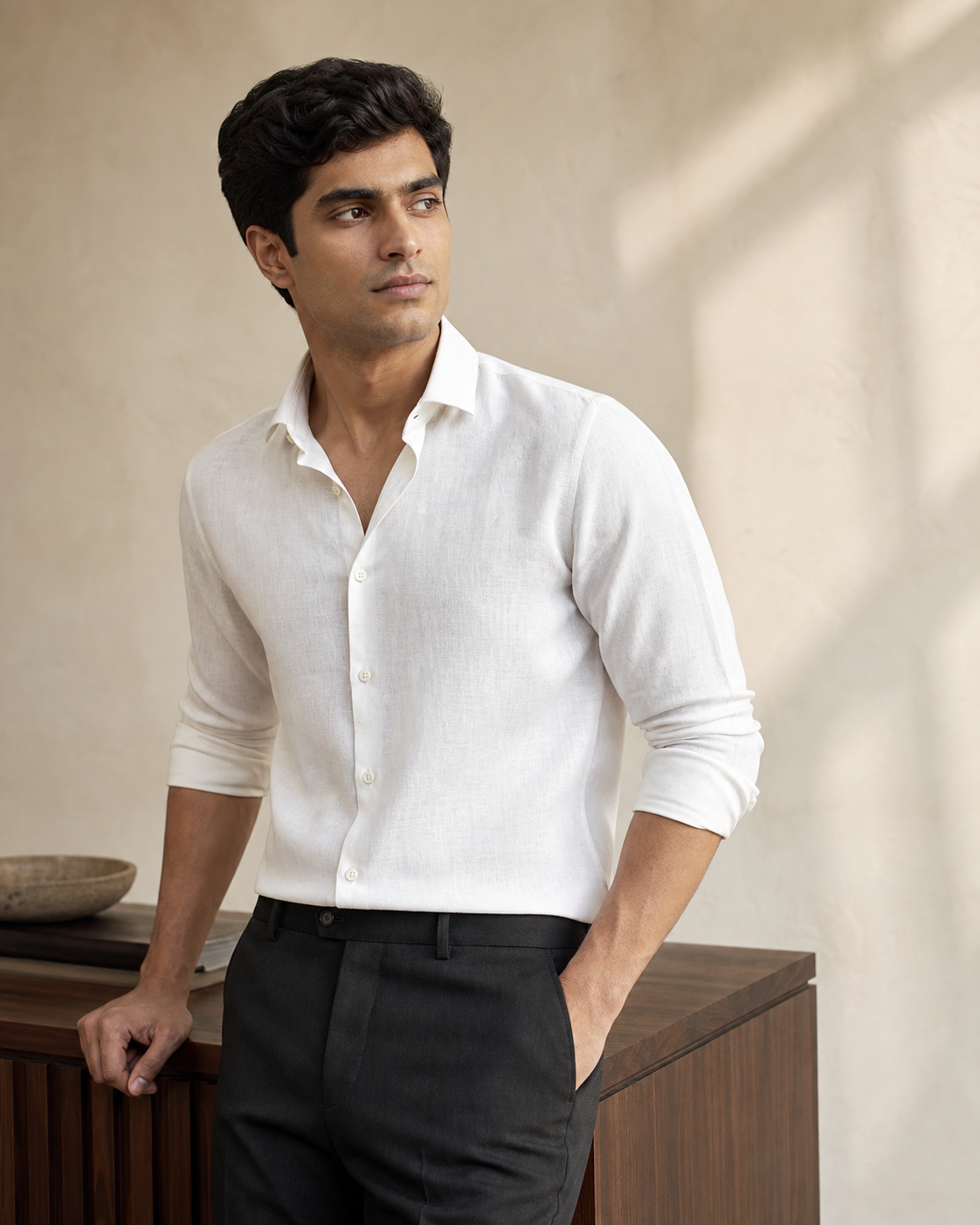 White Linen Blend Shirting Fabric shown worn as finished menswear